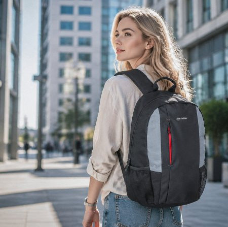 Manhattan Sac à dos York 16", noir/gris, compartiment rembourré pour ordinateur portable, grande poche avant, poignée de