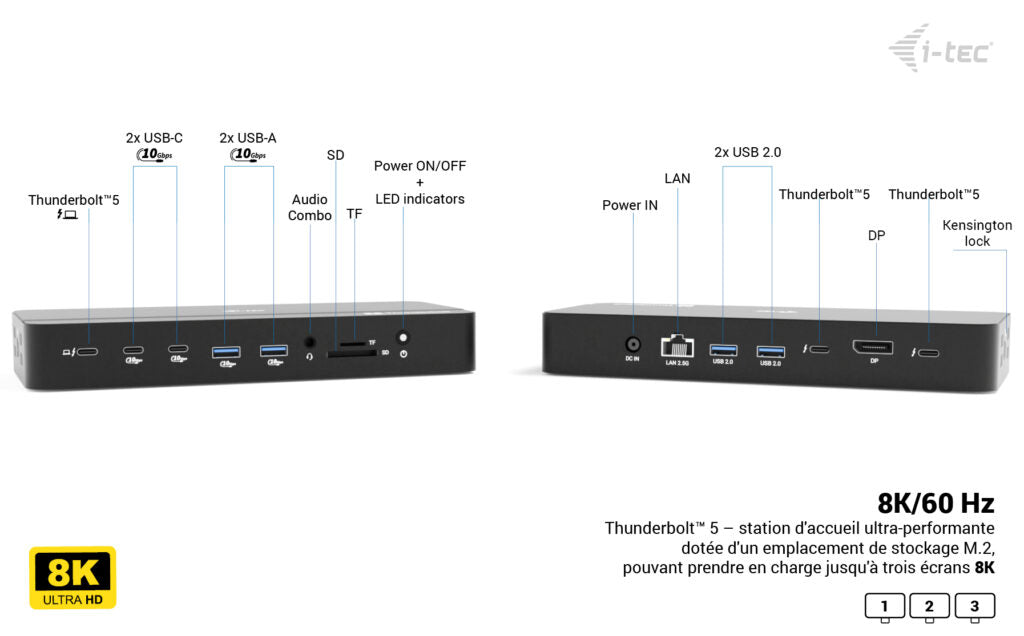 i-tec Thunderbolt 5 Triple Display Docking Station, M.2 slot, 6x USB, 2.5GLAN + Power Delivery 140W