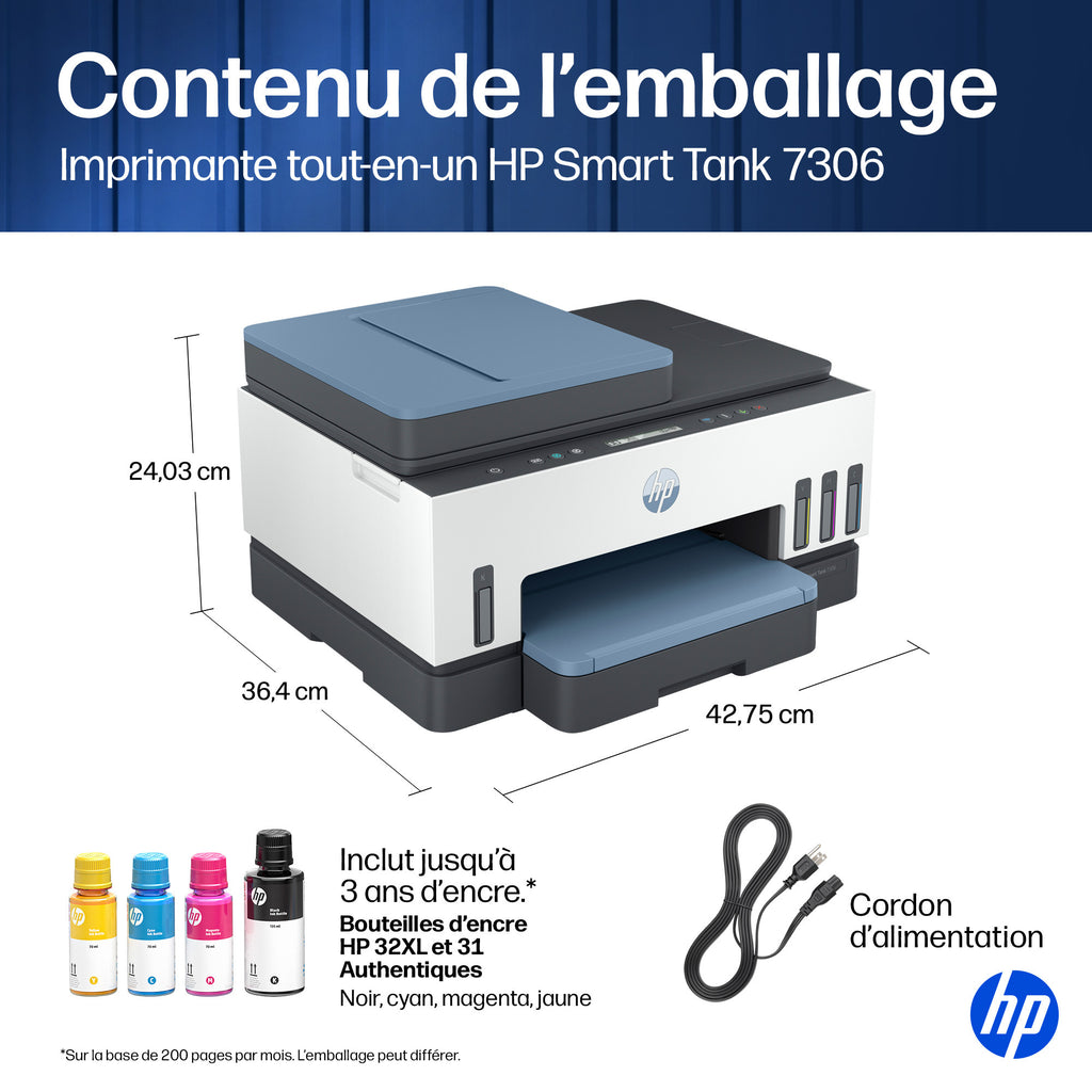 HP Smart Tank 7306 Imprimante Multifonction Couleur Sans Fil, Recto-Verso, Copieur et Scanner