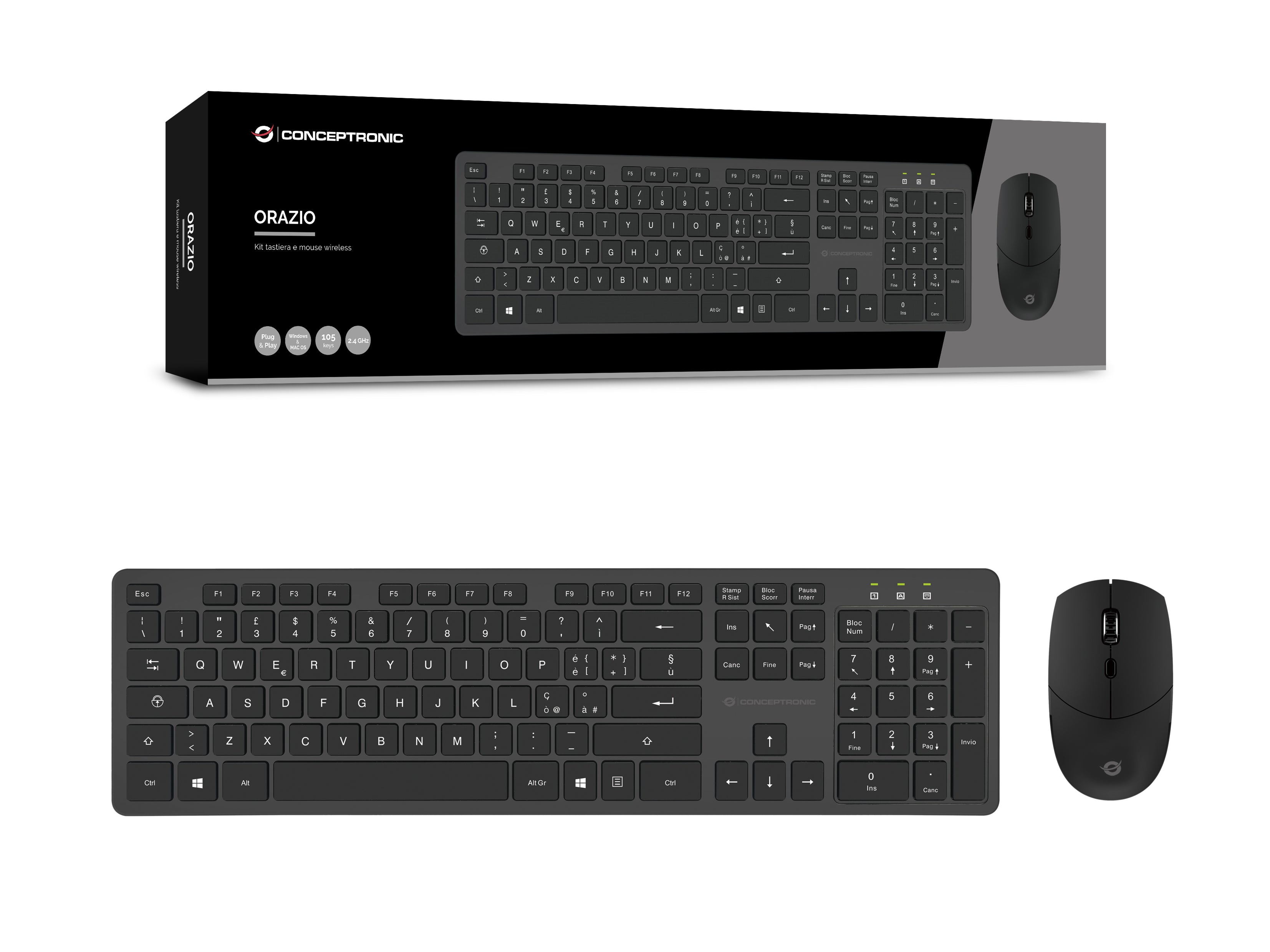 Conceptronic ORAZIO01IT clavier Souris incluse Bureau RF sans fil QWERTY Italien Noir