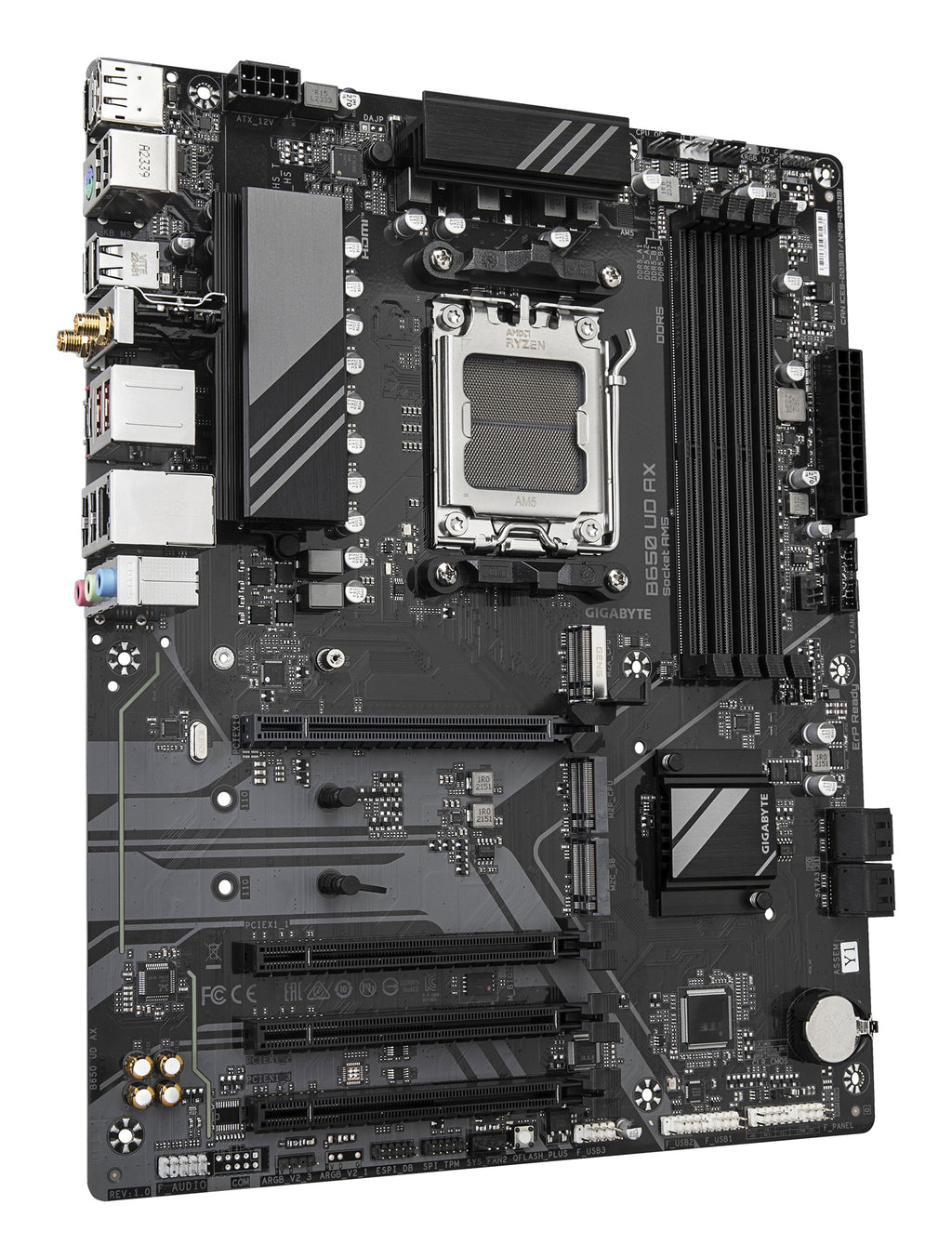 GIGABYTE B650 UD AX Carte Mère - Prend en charge les processeurs AMD Ryzen Série 9000, VRM 6+2+2 phases, jusqu'à 7600MHz DDR5 (OC), 1x PCIe 5.0 + 2x PCIe 4.0 M.2, LAN GbE, Wi-Fi 6, USB 3.2 Gen 2
