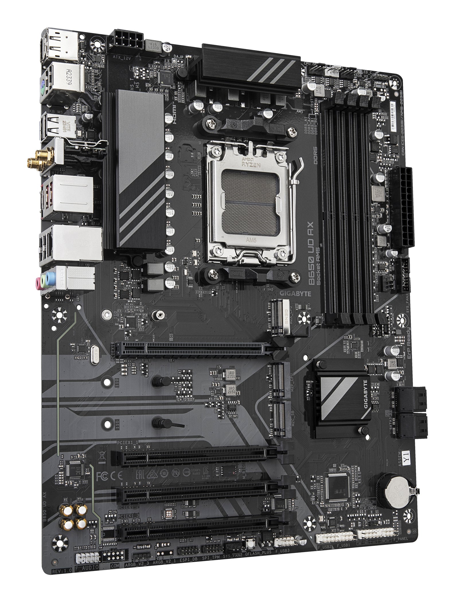 GIGABYTE B650 UD AX Carte Mère - Prend en charge les processeurs AMD Ryzen Série 9000, VRM 6+2+2 phases, jusqu'à 7600MHz DDR5 (OC), 1x PCIe 5.0 + 2x PCIe 4.0 M.2, LAN GbE, Wi-Fi 6, USB 3.2 Gen 2