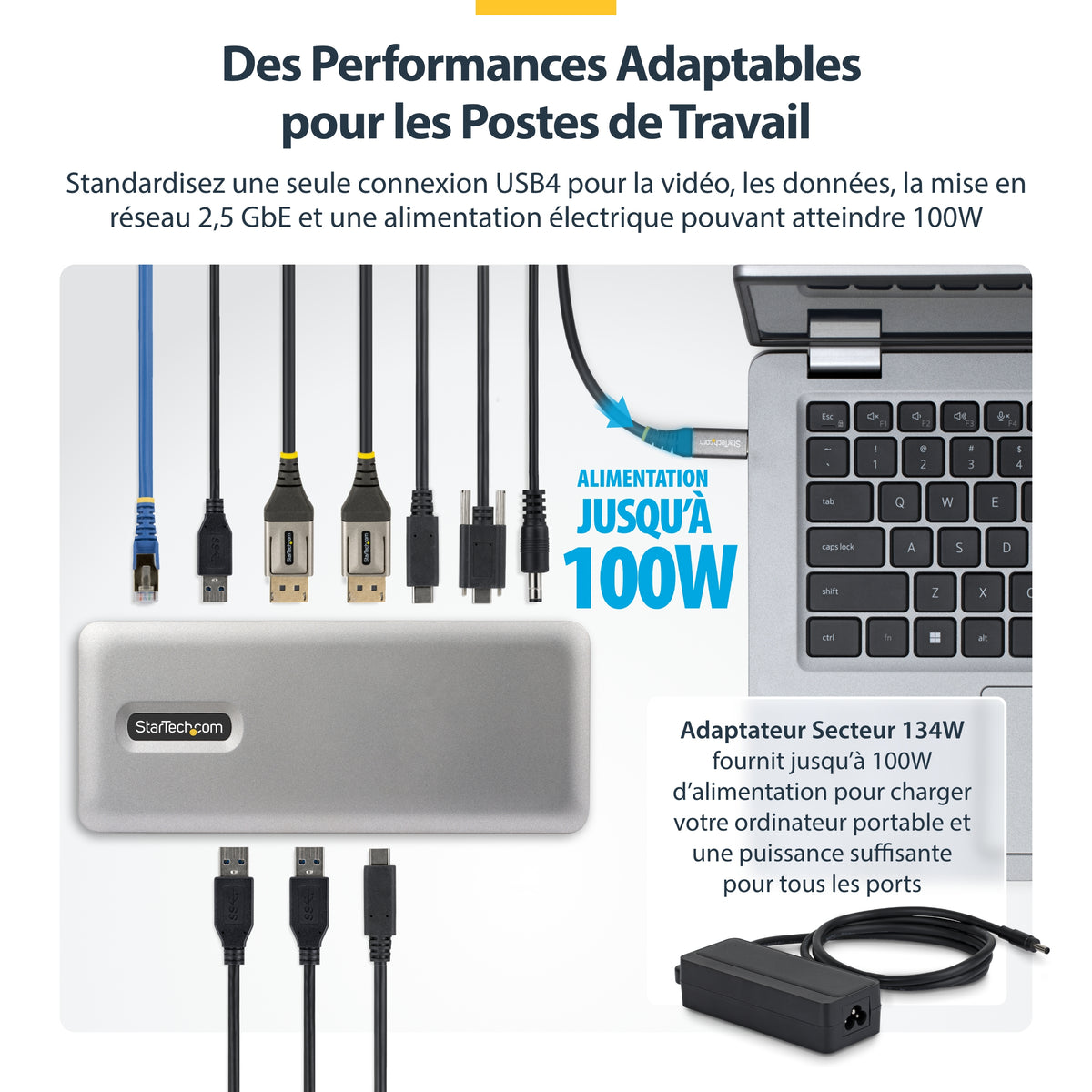 StarTech.com Station d'Accueil USB4 Double Sortie 4K, Chargeur 100W et 2,5GbE pour macOS et Windows