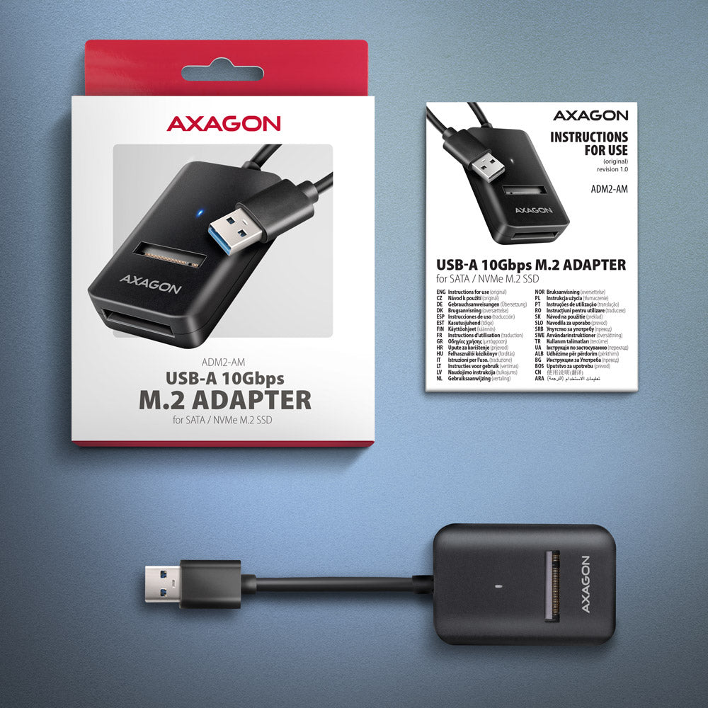 Axagon ADM2-AM USB-A 10Gbps - M.2 NVMe & SATA SSD adaptér, kabelis USB-A 10cm Enceinte ssd Noir