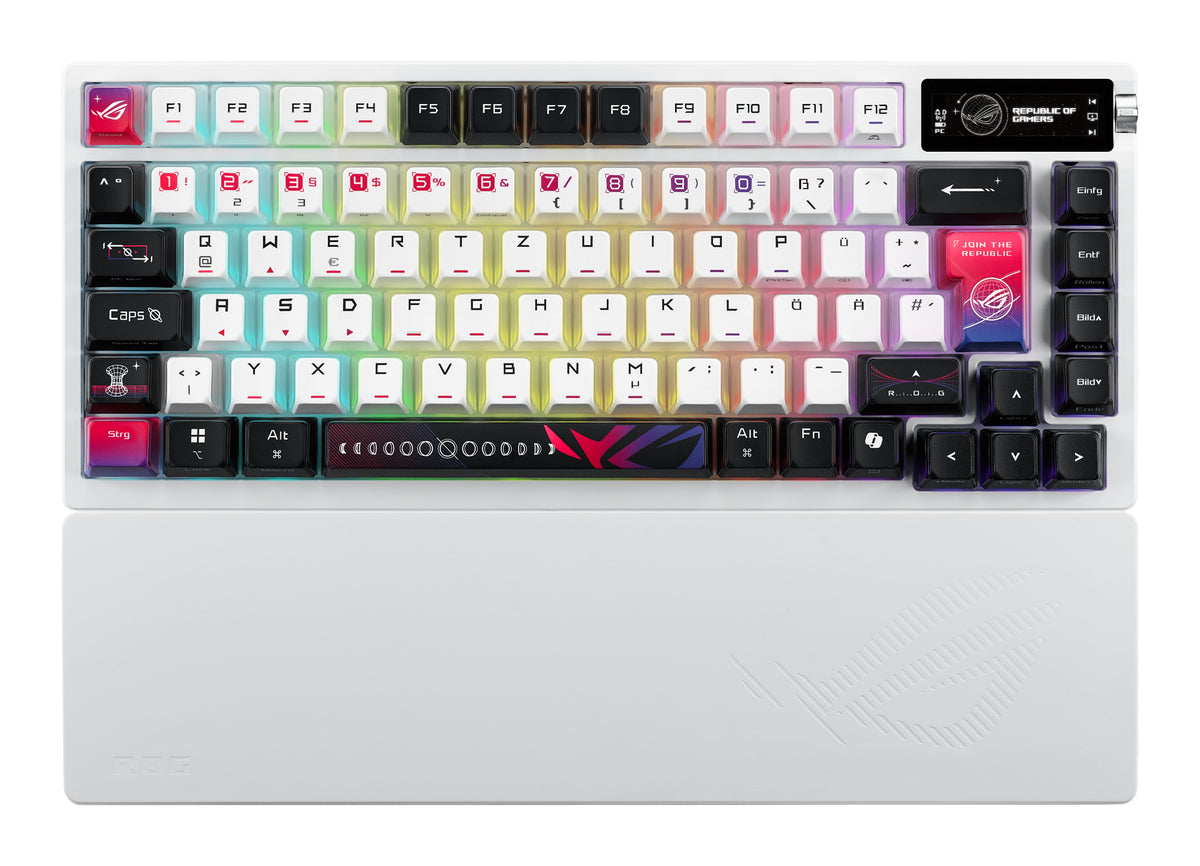 ASUS ROG Azoth X Clavier Gaming Mécanique 75% QWERTZ Blanc, USB, RF Wireless et Bluetooth