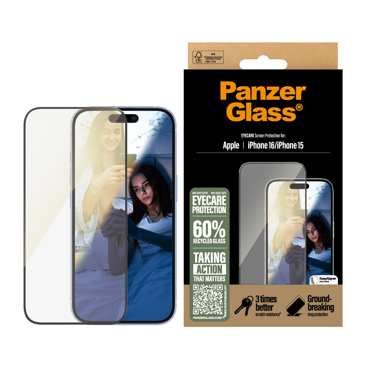 PanzerGlass EyeCARE Protection d'écran Ultra-Wide Fit pour iPhone 16 et iPhone 15, Transparent