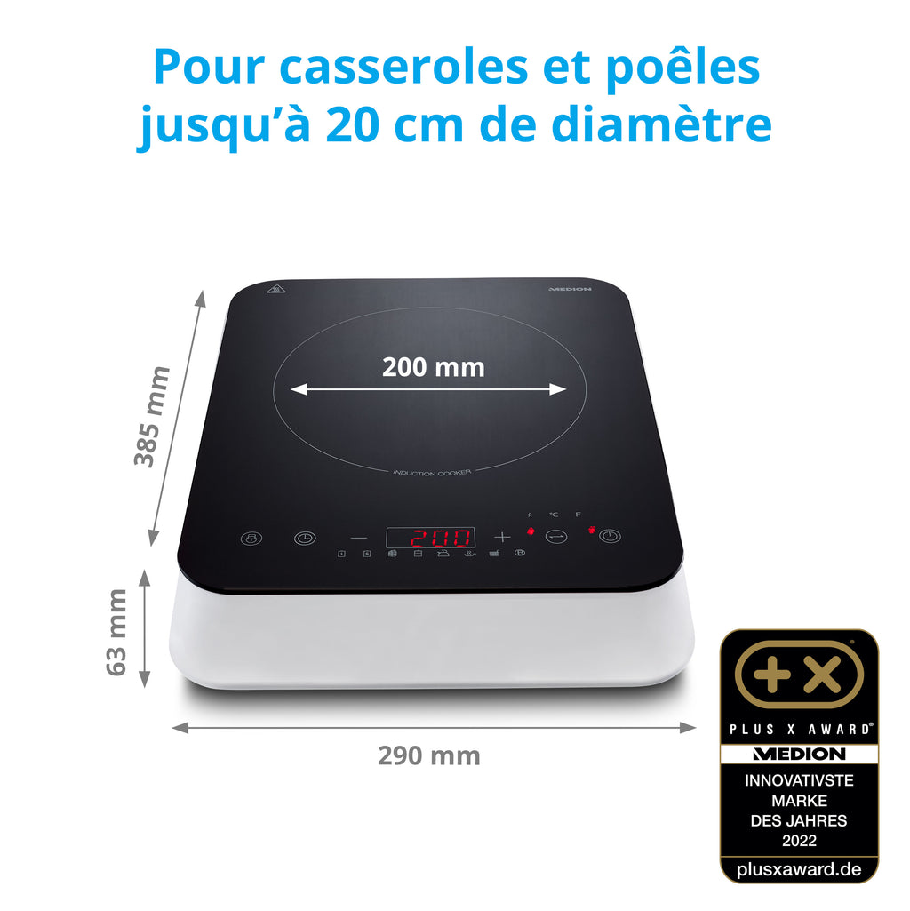 MEDION MD 18490 - Plaque à induction - 2000 W - 10 niveaux de température - 8 programmes automatiques - Noir