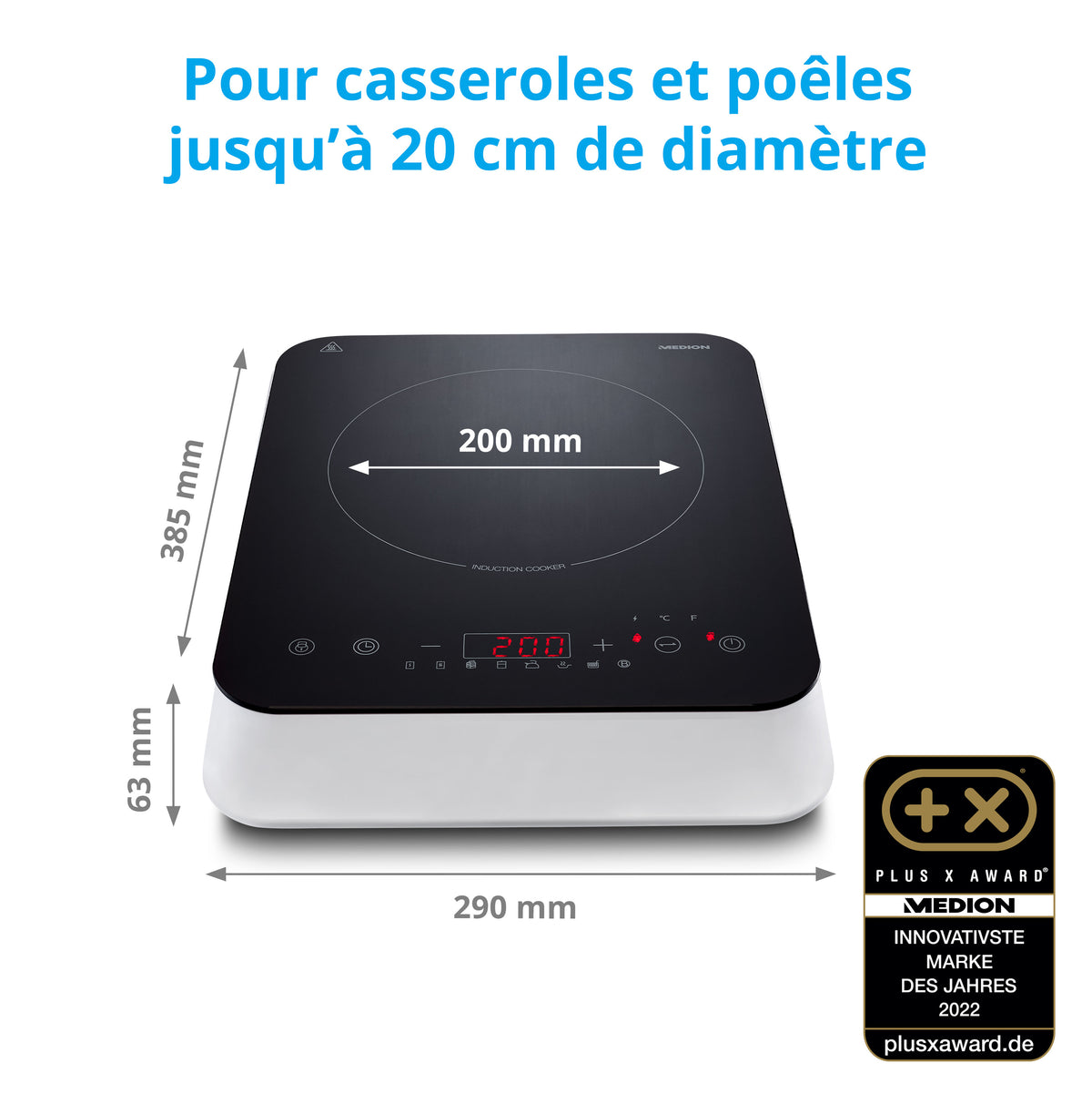 MEDION MD 18490 - Plaque à induction - 2000 W - 10 niveaux de température - 8 programmes automatiques - Noir