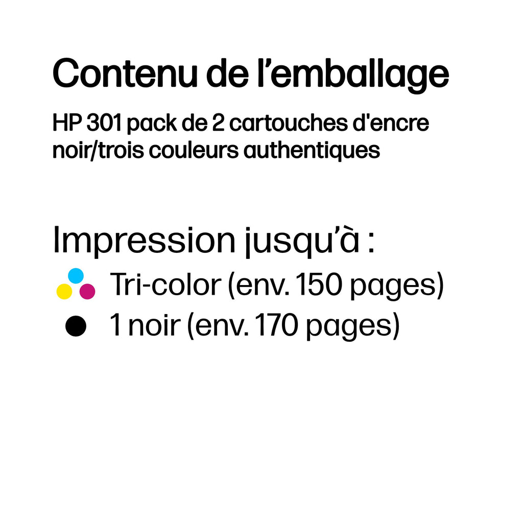 HP 301 pack de 2 cartouches d'encre noir/trois couleurs authentiques