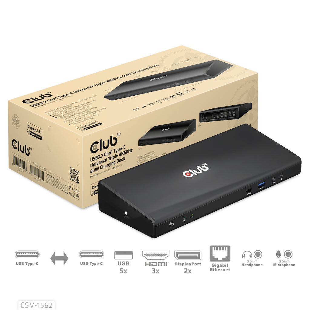 CLUB3D CSV-1562 station d'accueil USB 3.2 Gen 1 (3.1 Gen 1) Type-C Noir