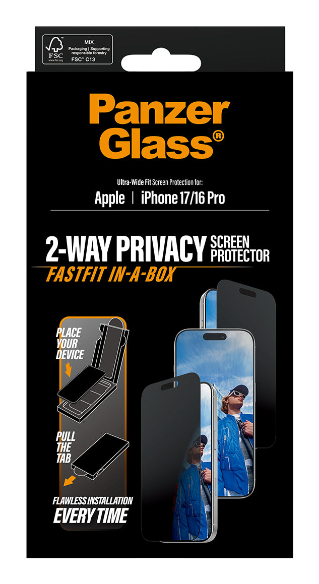 PanzerGlass Protection d'écran de Confidentialité 2-Way pour iPhone 17 et iPhone 16 Pro, Ultra-Wide Fit avec Fastfit