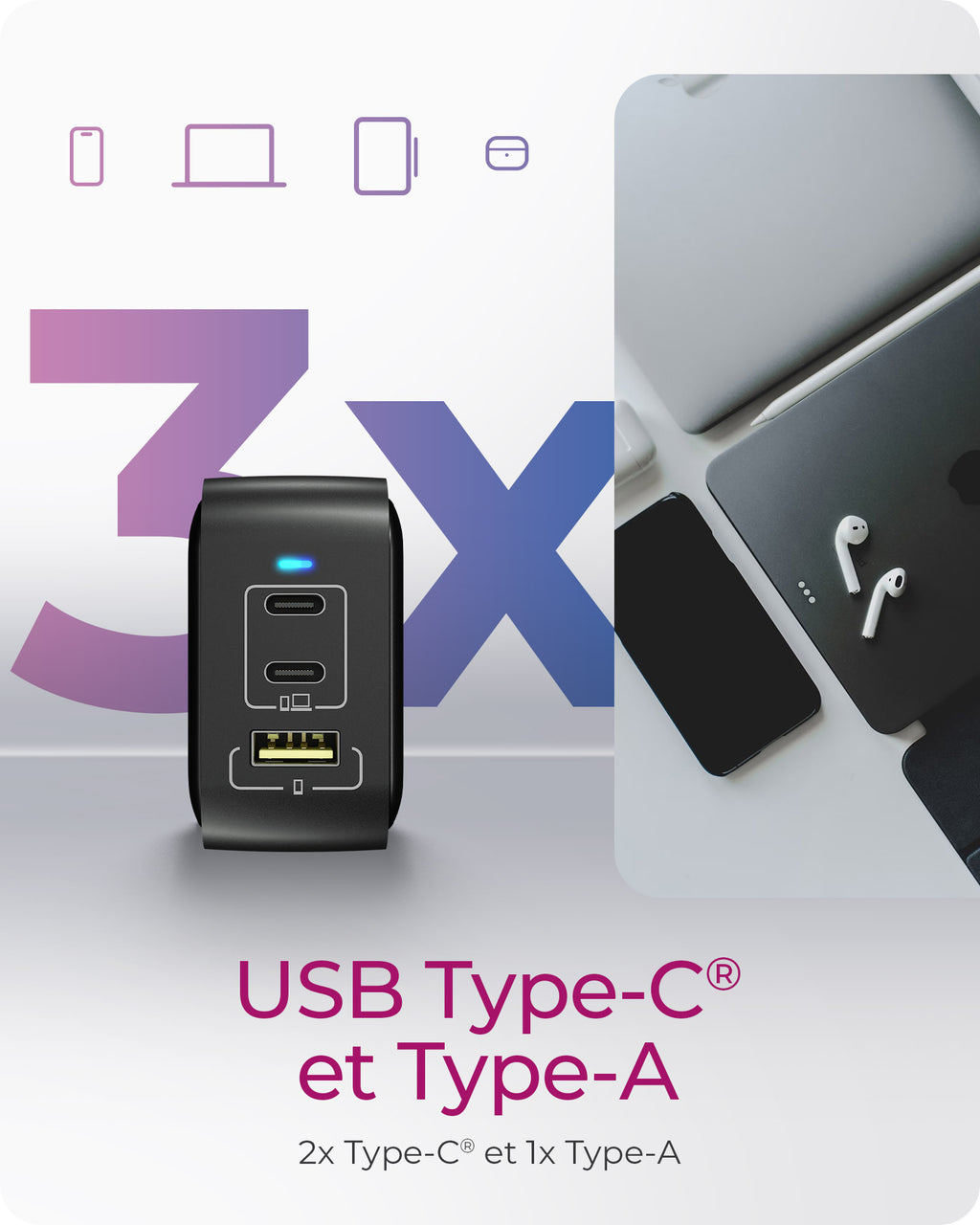 Chargeur Secteur Universel IB-PS1030-PD Charge Rapide, 3 Ports (2x USB-C, 1x USB 2.0), Noir