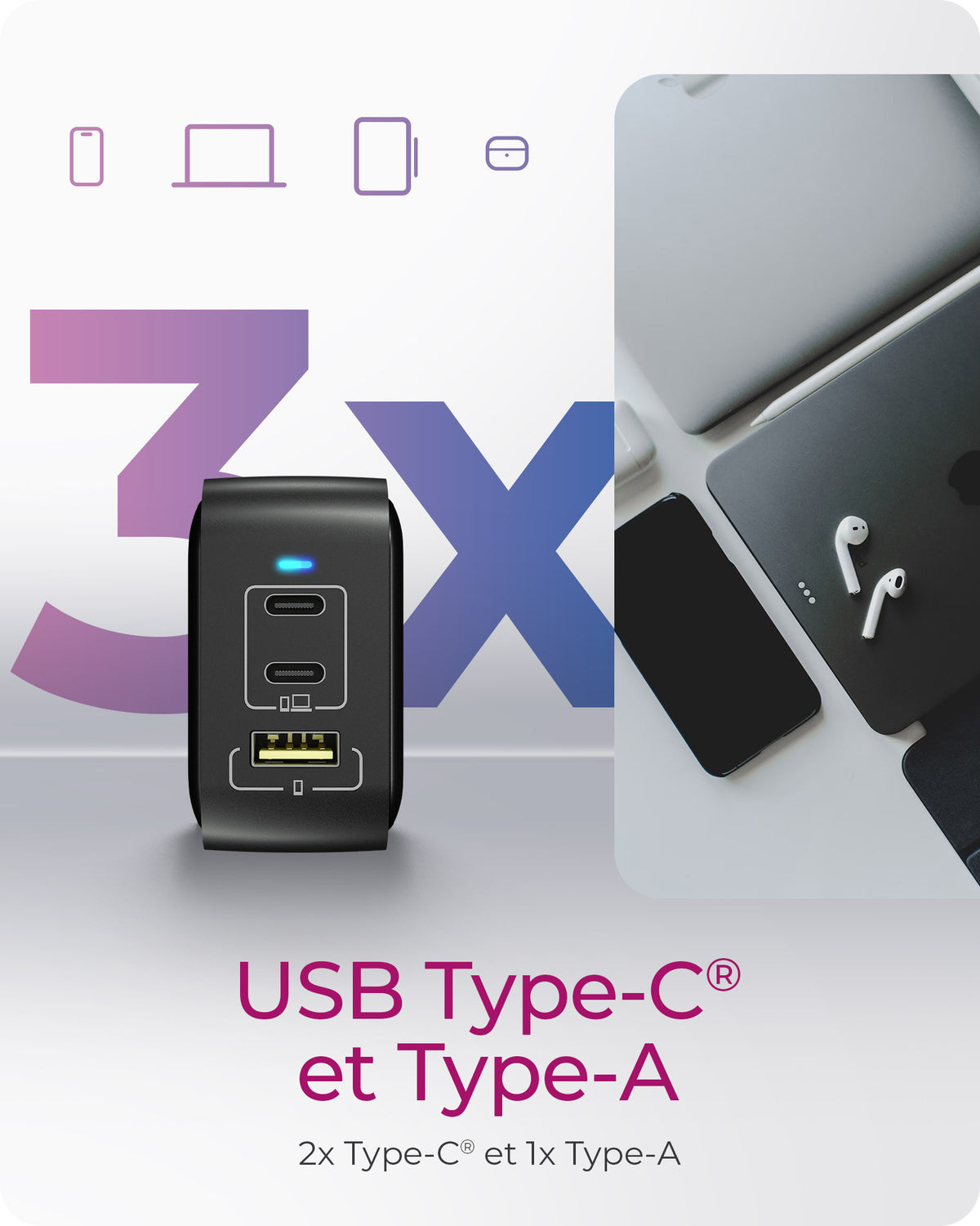 Chargeur Secteur Universel IB-PS1030-PD Charge Rapide, 3 Ports (2x USB-C, 1x USB 2.0), Noir