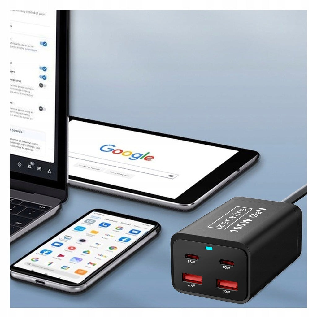 Chargeur secteur, bloc d'alimentation 100 W, adaptateur GaN III, câble secteur, 2 ports USB-C 65 W, 2 ports USB-A, Zenwire YMS-608