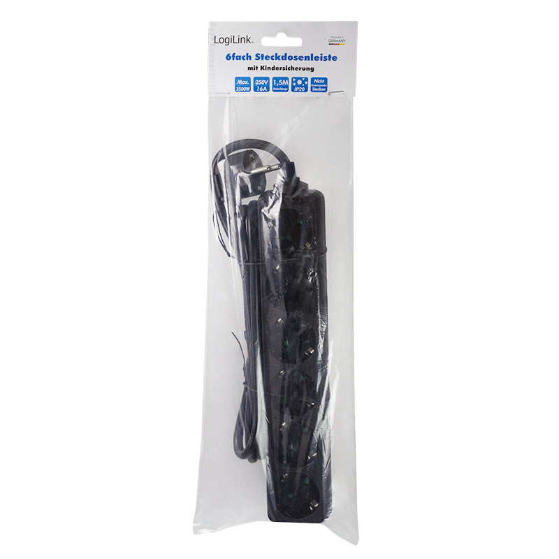 LogiLink LPS238B Multiprise 6 Prises CA, Câble 1,5 m, Noir