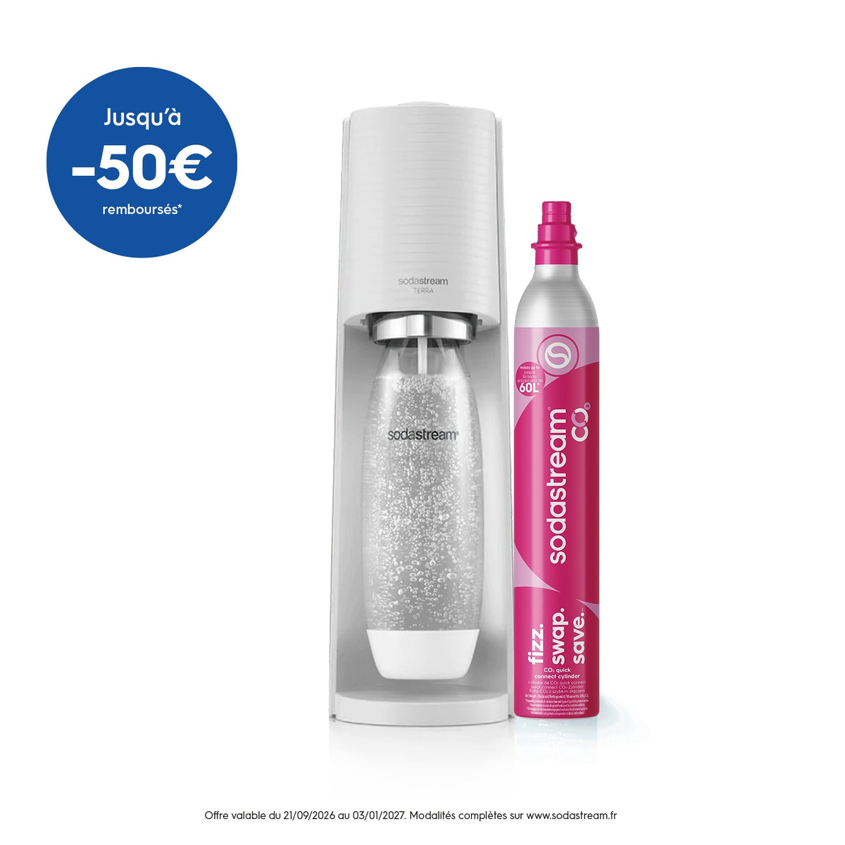 Sodastream Machine à eau pétillante TERRA + 1 bouteille 1L blanche