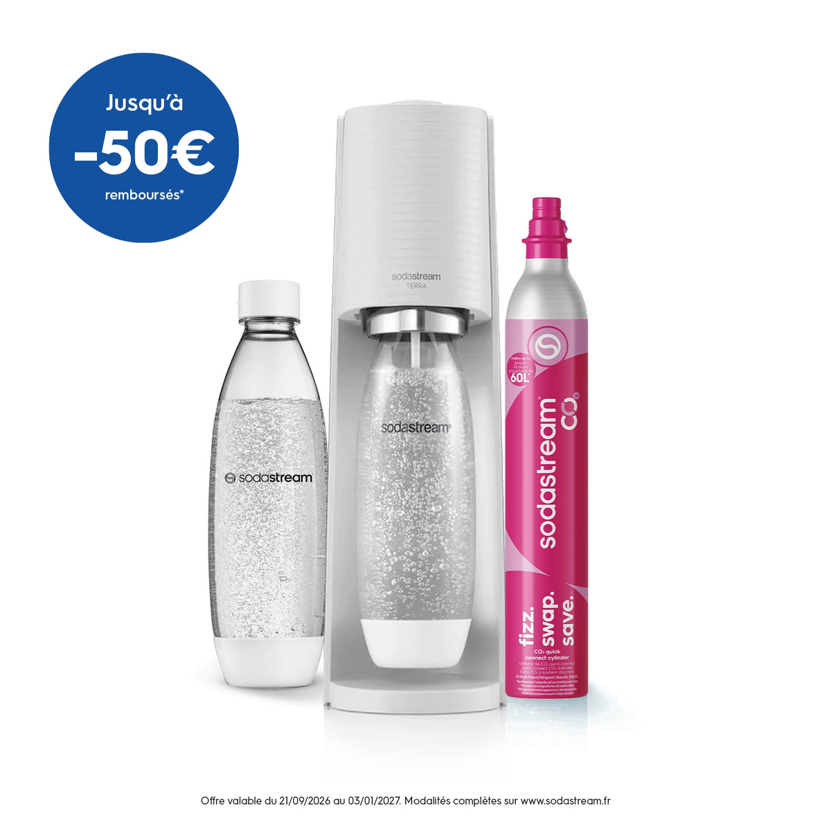 Sodastream Machine à eau pétillante TERRA + 1 bouteille 1L blanche