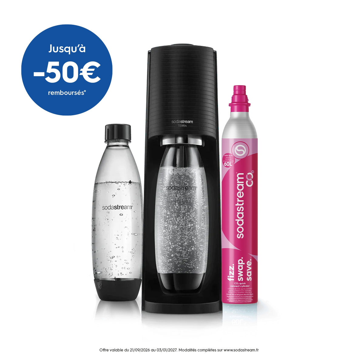 Sodastream Machine à eau pétillante TERRA + 2 bouteilles 1L noire