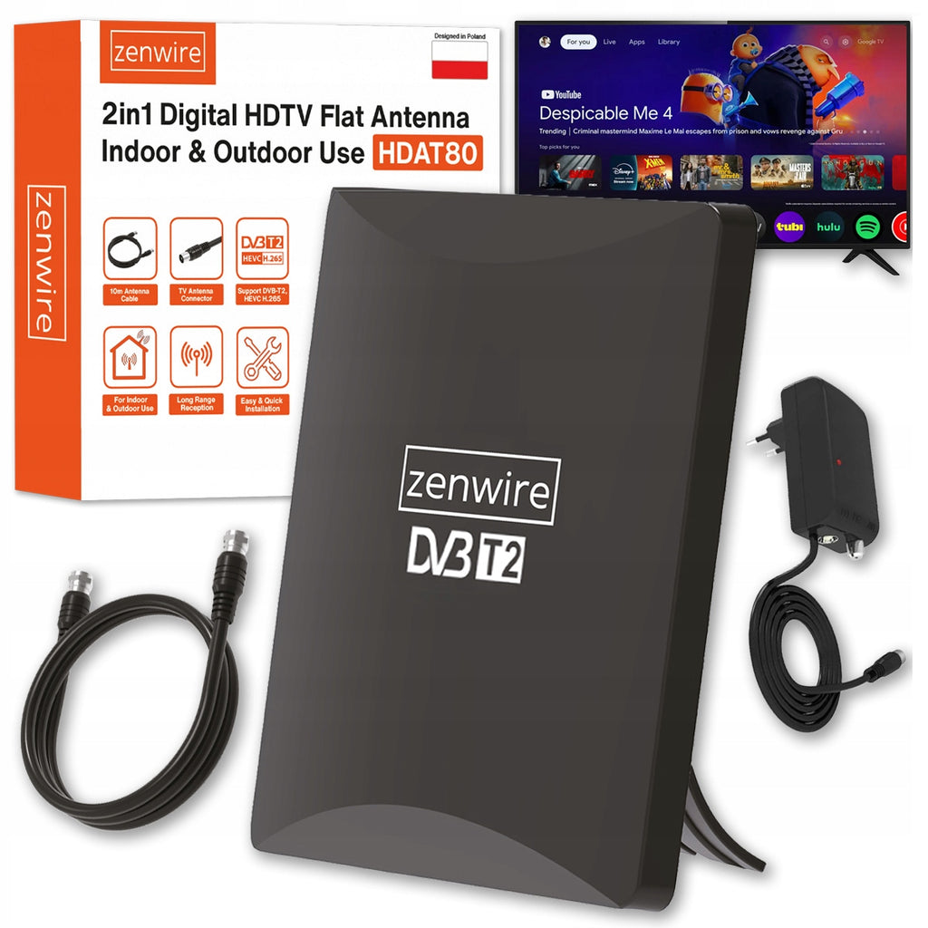 Antenne pour la télévision numérique terrestre DVB-T2 HEVC 2-en-1, pour usage extérieur et intérieur, 4K, Zenwire HDAT80