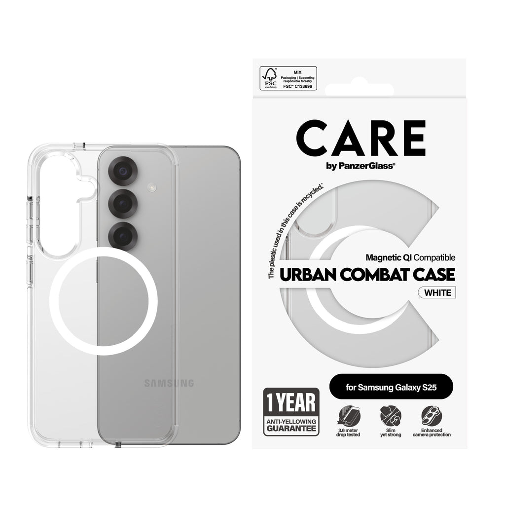 PanzerGlass PanzerGlass CARE™ by ® Urban Combat Case Transparent w. White Qi Compatible Samsung Galaxy S25 coque de protection pour téléphones portables Housse