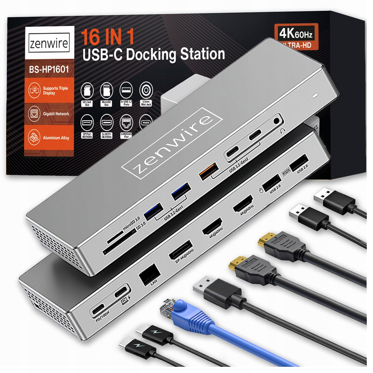 Station d'accueil USB-C 16-en-1 avec 2 ports HDMI 4K 60 Hz, DisplayPort 1.4, USB et prise SD  Zenwire  BS-HD1601