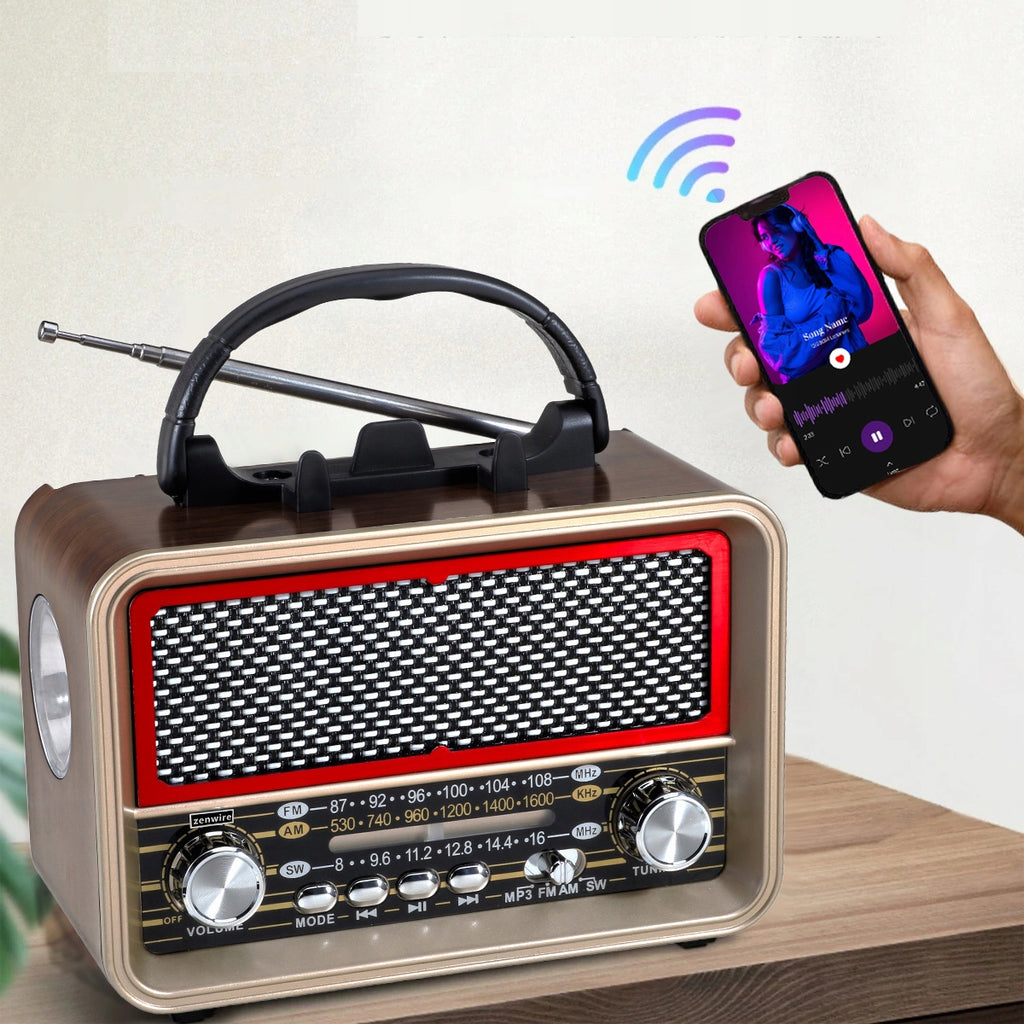 Radio Retro FM solaire Bluetooth portable à piles, avec antenne USB-C Zenwire BT-S060