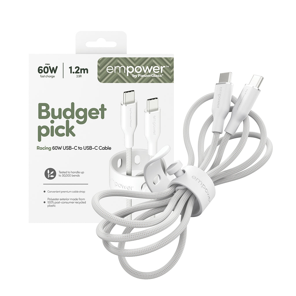 PanzerGlass empower™ by ® Racing 60W USB-C to USB-C Cable | USB 2.0 | 1.2M | Silver White câble USB Blanc