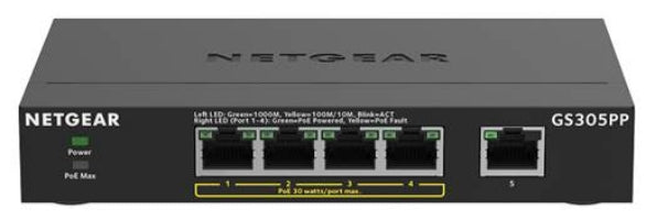 NETGEAR GS305PP Non-géré Gigabit Ethernet (10/100/1000) Connexion Ethernet, supportant l'alimentation via ce port (PoE) Noir