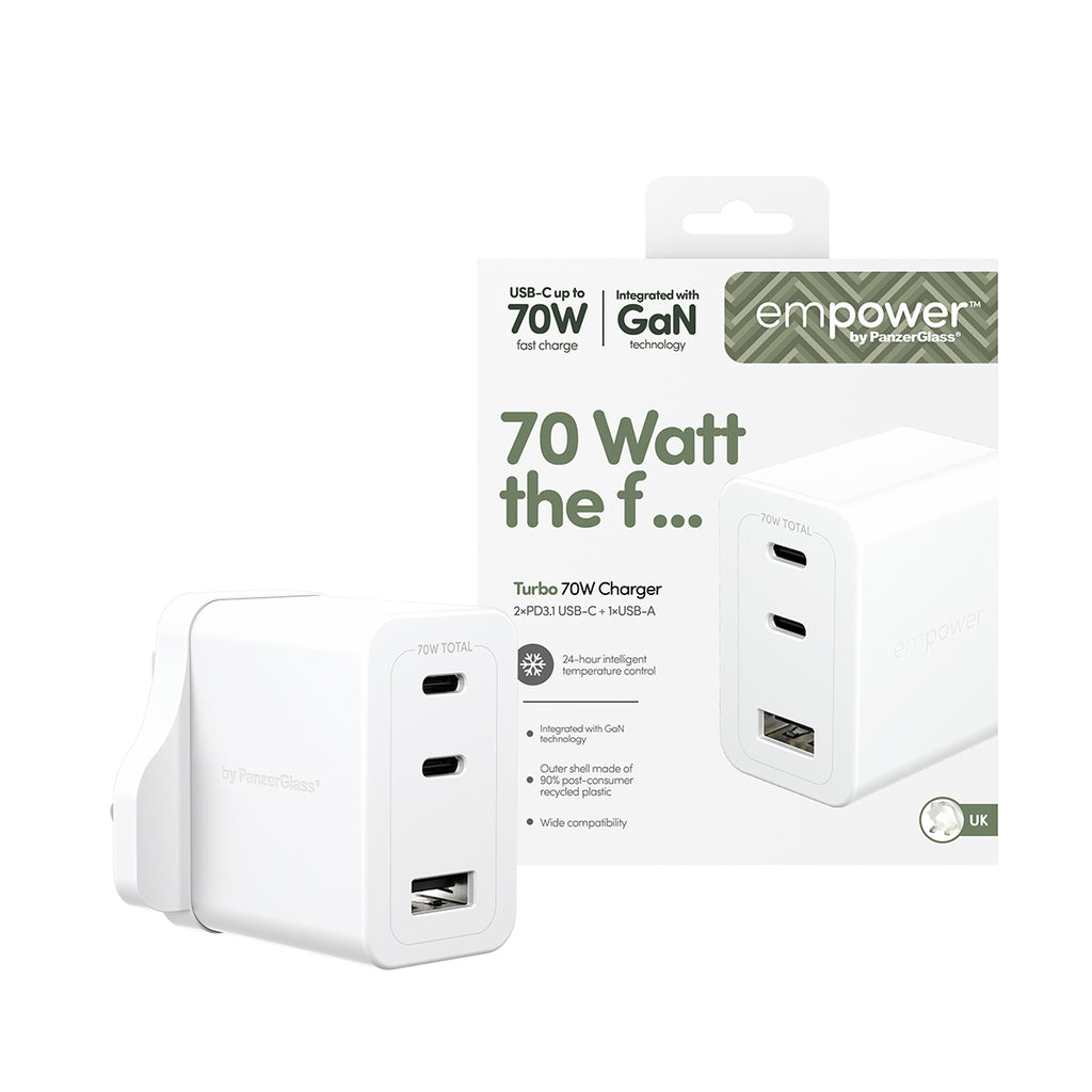 PanzerGlass empower™ by ® Turbo 70W Charger incl. 2 x USB-C + USB-A | UK Plug | Silver White Blanc