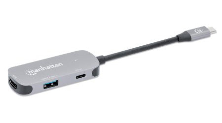 Manhattan Dock/hub USB-C, 3 ports : HDMI, USB-A, USB-C, avec Power Delivery (PD) 100 W - nécessite un chargeur USB-C externe (non inclus). Alimenté par USB (aucune alimentation externe requise) lorsque le PD n’est pas utilisé, aluminium