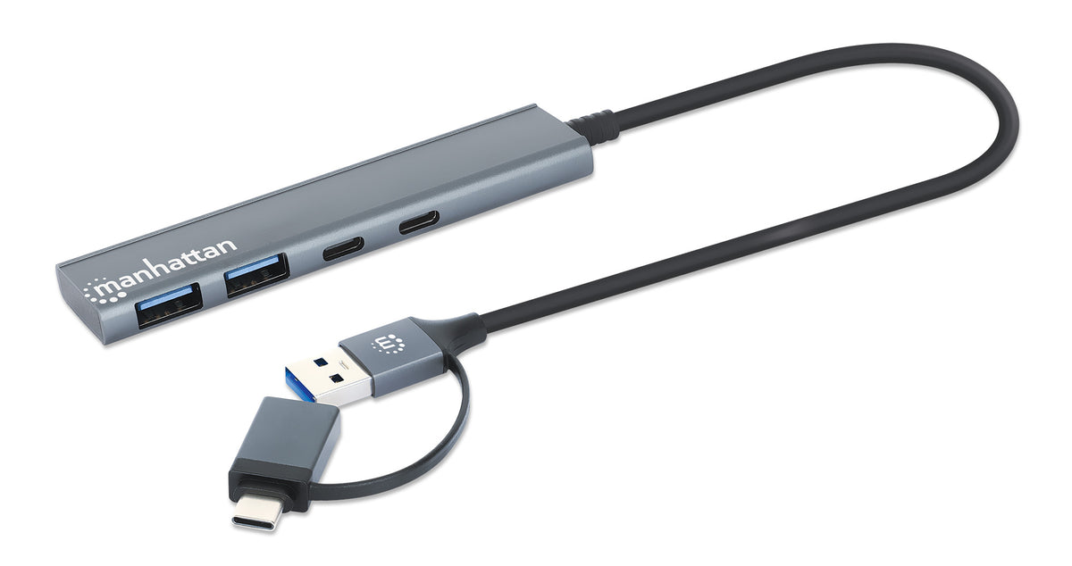 Manhattan Dock/hub combo USB-C & USB-A, 4 ports : 2x USB-A + 2x USB-C, 5 Gbit/s (USB 3.0), Alimenté par USB (aucune alim