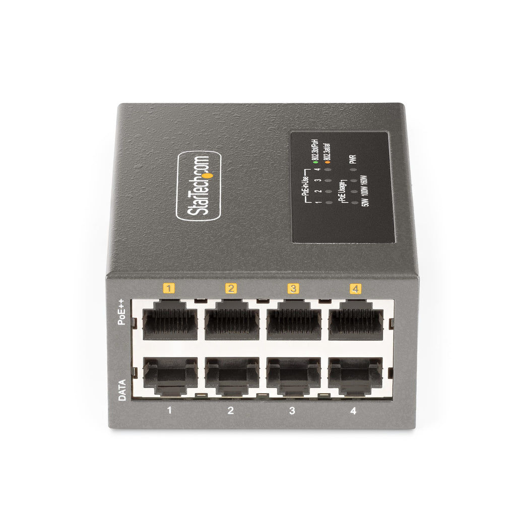 StarTech.com Injecteur PoE++ Multi-Gigabit 4 Ports, Ethernet 5/2.5/1G NBASE-T, 160W, Montage Mural/Rail DIN