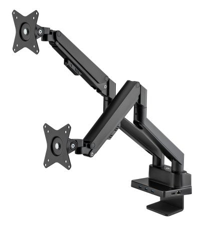 Manhattan Support de bureau double pour TV/moniteurs (bras à vérin gaz à Bras articulé) avec station d’accueil intégrée, écrans jusqu’à 27", Ethernet, HDMI x2, USB-A x3, USB-C, alimentation USB-C PD 100 W (Chargeur USB-C non inclus)