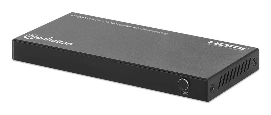 Manhattan Splitter HDMI 4 ports avec downscaling, 4K@60 Hz, distribue 1 entrée HDMI vers 4 sorties (même signal), bouton de conversion 4K vers 1080p, inclut câble Micro-USB vers USB-A (0,8 m), noir