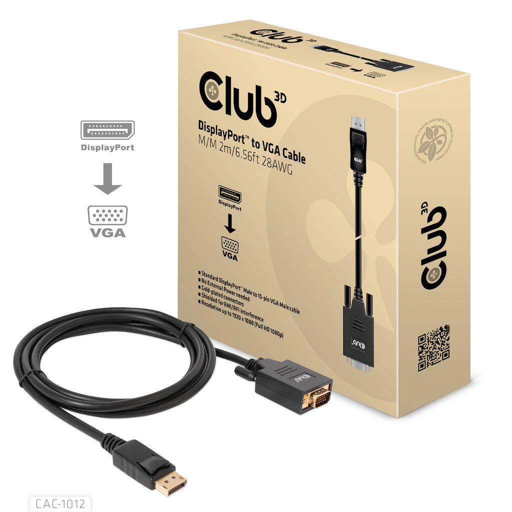 CLUB3D CAC-1012 Câble Adaptateur DisplayPort vers VGA (D-Sub), 2 m, Noir