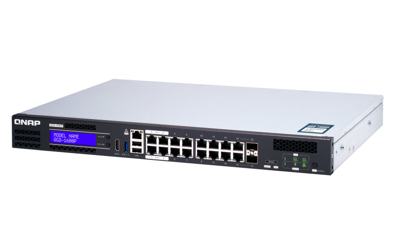QNAP QGD-1600P Géré Gigabit Ethernet (10/100/1000) Connexion Ethernet, supportant l'alimentation via ce port (PoE) 1U Noir, Gris