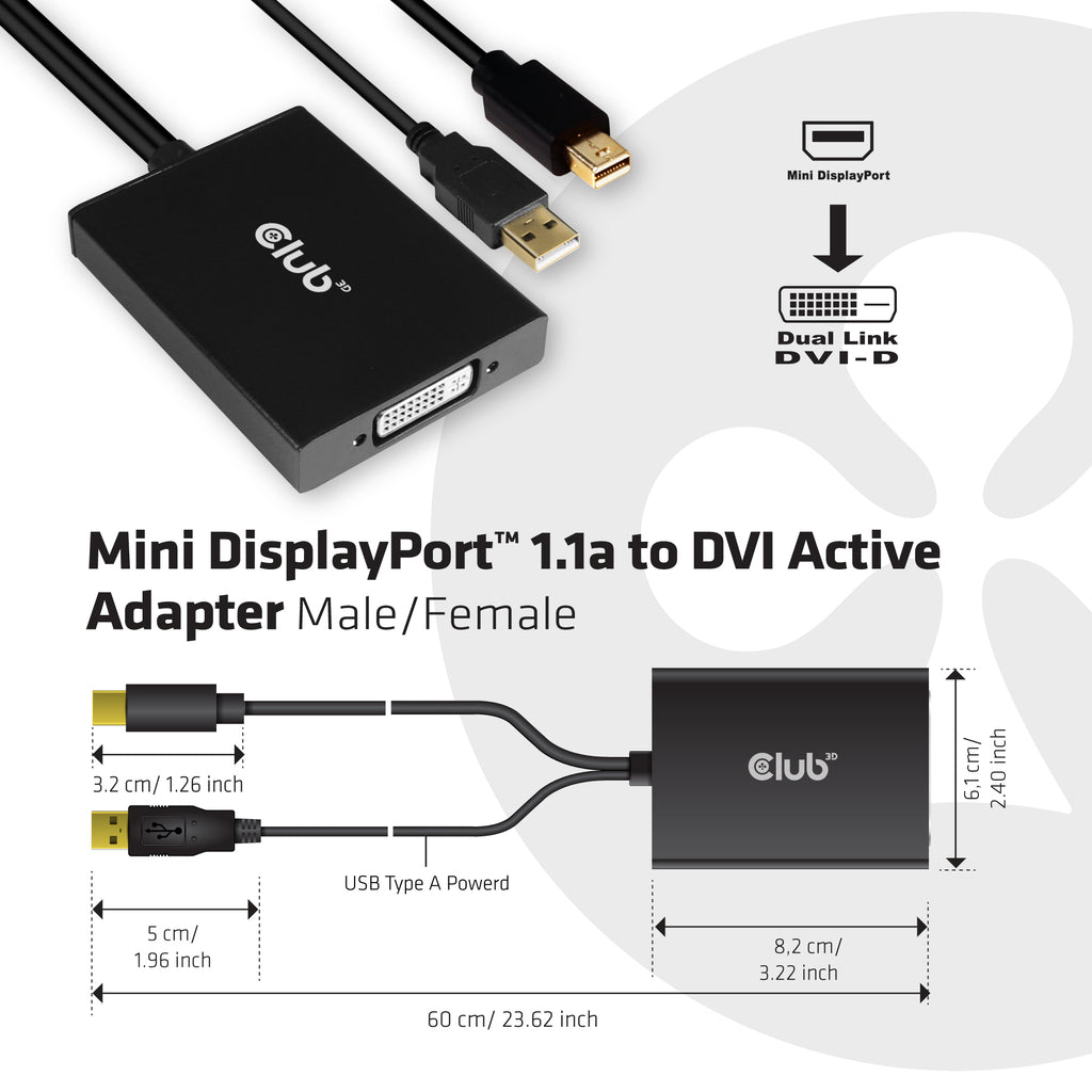 CLUB3D cac-1130 0,6 m MiniDP/USB-A DVI-D Noir