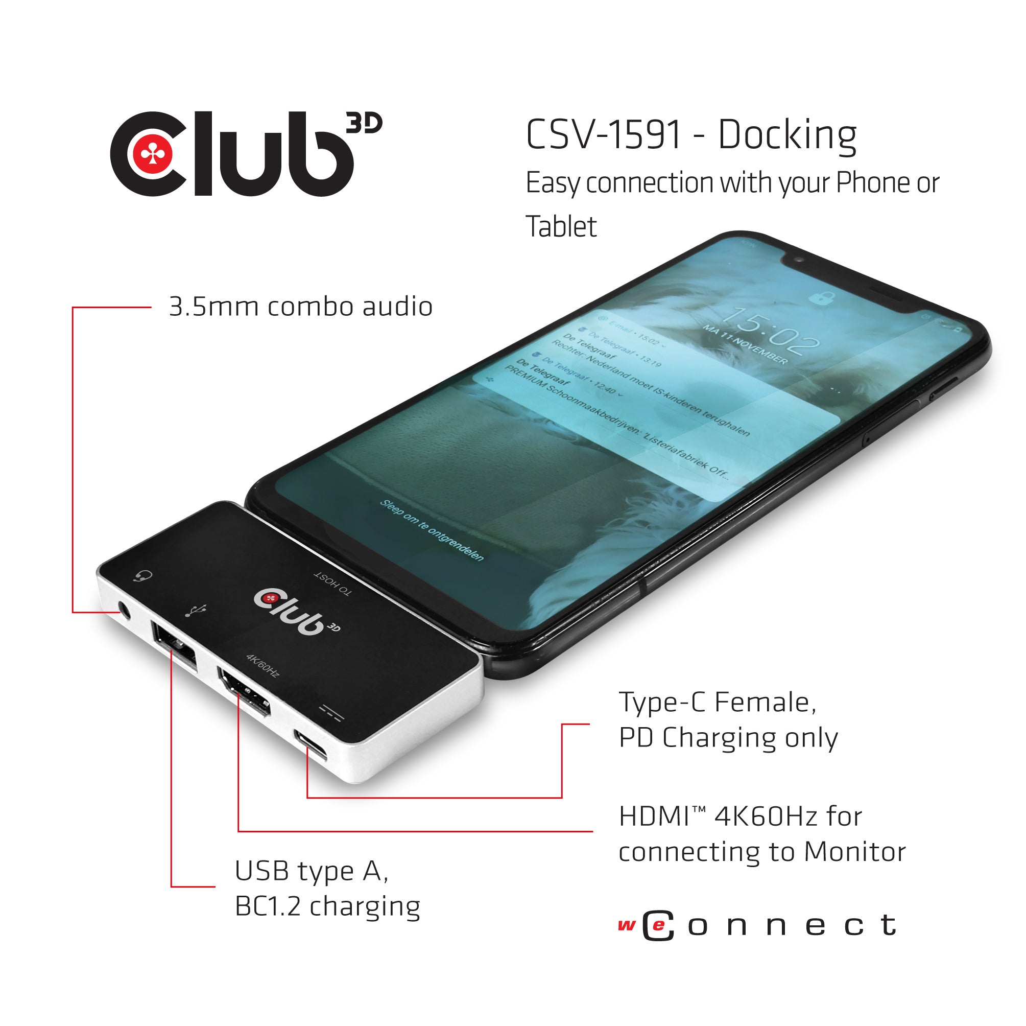 CLUB3D CSV-1591 station d'accueil USB 3.2 Gen 1 (3.1 Gen 1) Type-C Noir, Chrome