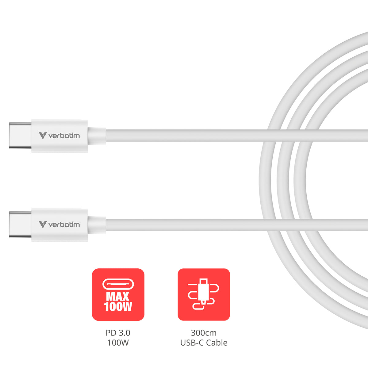Verbatim 32409 Câble USB-C vers USB-C 3m, USB 2.0, 100W, Blanc