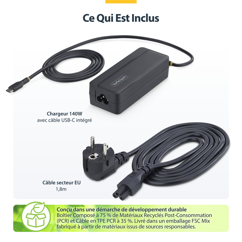 StarTech.com Chargeur USB-C pour Ordinateur Portable de 140W avec Câble USB-C Intégré de 1,2m, Adaptateur Secteur GaN po