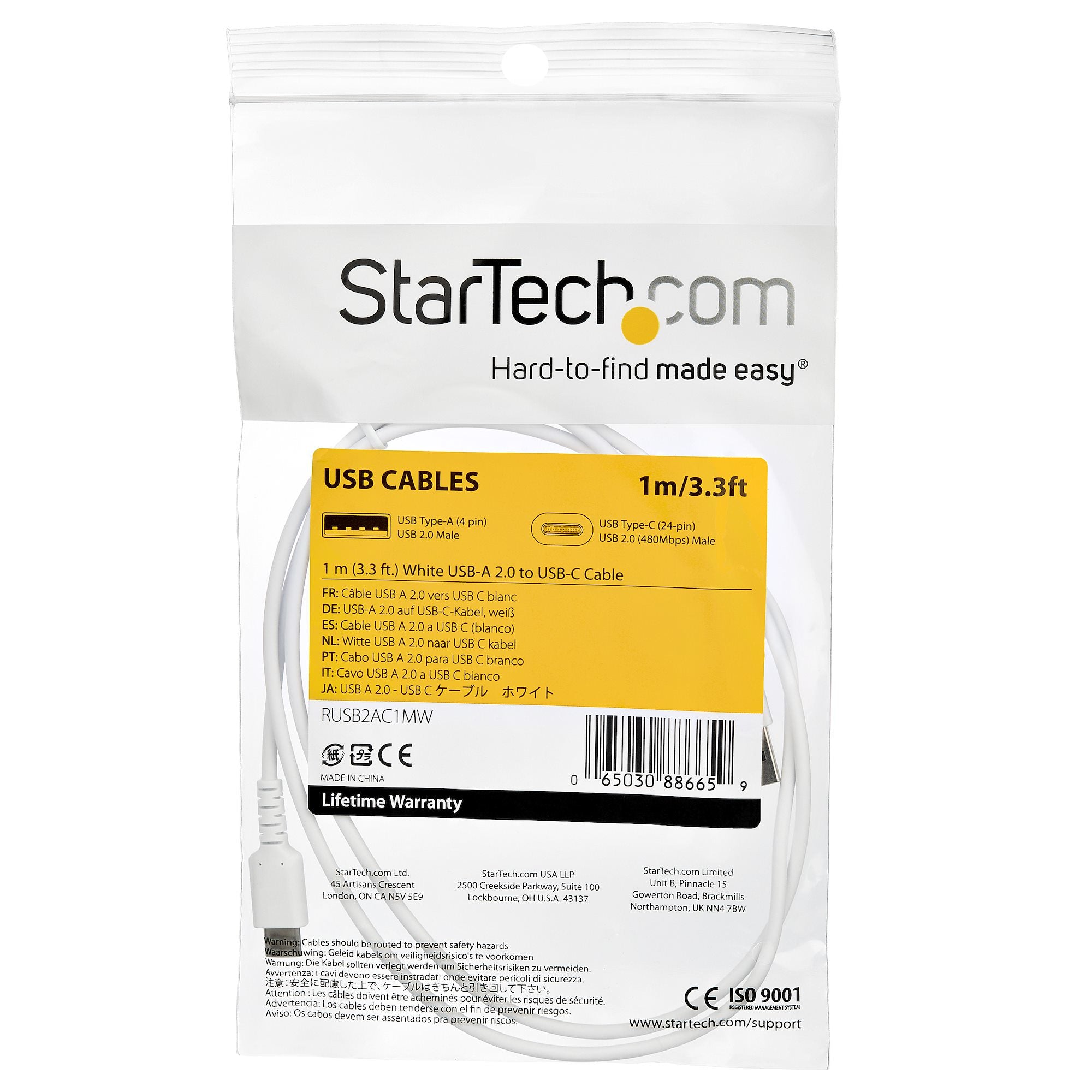 StarTech.com StarTech.com Câble de Charge Rapide USB-A vers USB-C de 1m, Robuste, Charge et Synchronisation, 3A, USB 2.0, Gaine TPE Blanche et Fibre d'Aramide - Cordon de Charge USB