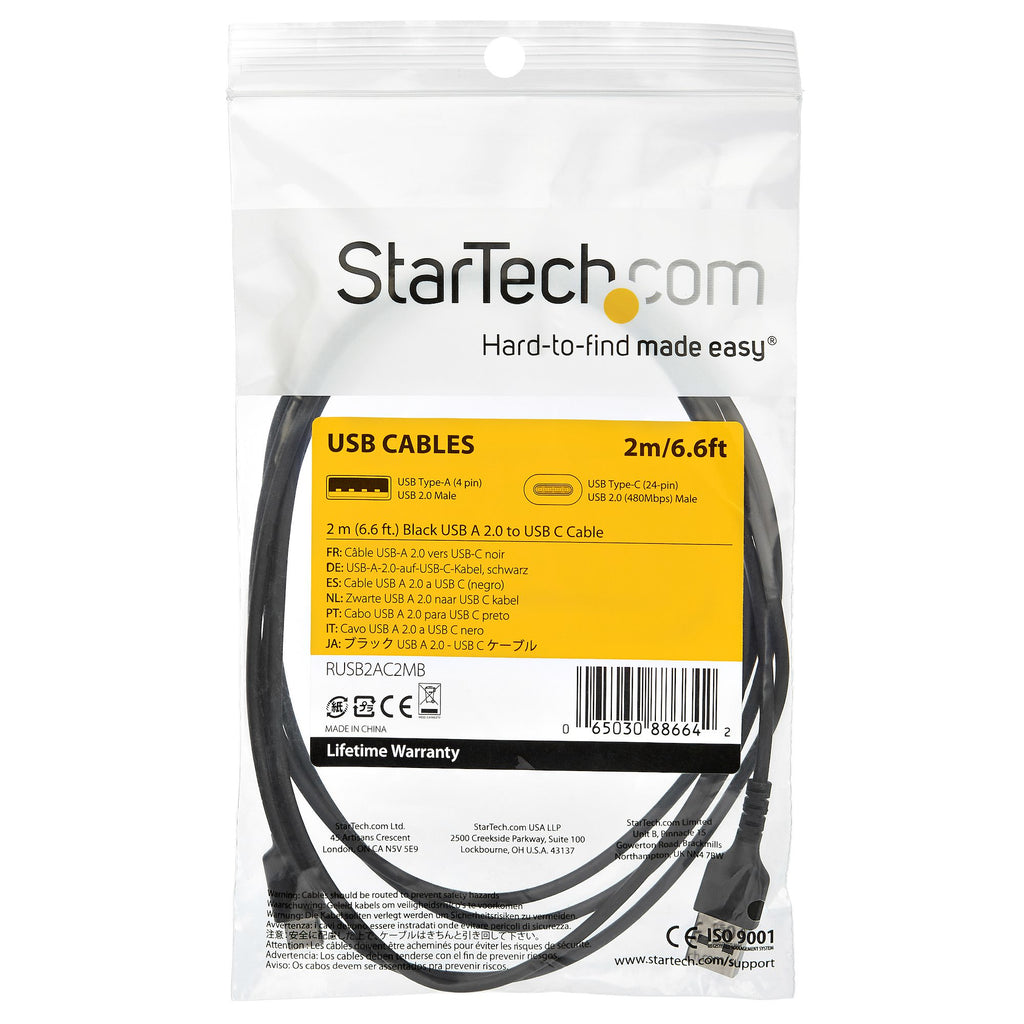 StarTech.com StarTech.com Câble de Charge Rapide USB-A vers USB-C de 2m, Robuste, Charge et Synchronisation, 3A, USB 2.0, Gaine TPE Noire et Fibre d'Aramide - Cordon de Charge USB