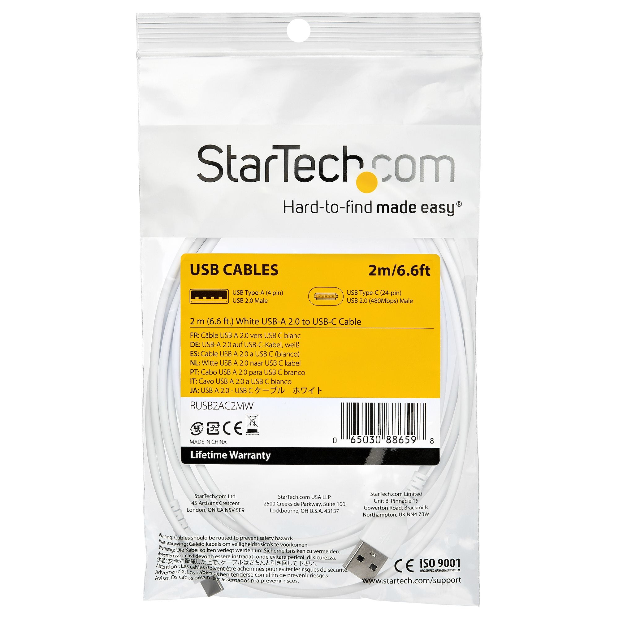 StarTech.com StarTech.com Câble de Charge Rapide USB-A vers USB-C de 2m, Robuste, Charge et Synchronisation, 3A, USB 2.0, Gaine TPE Blanche et Fibre d'Aramide - Cordon de Charge USB