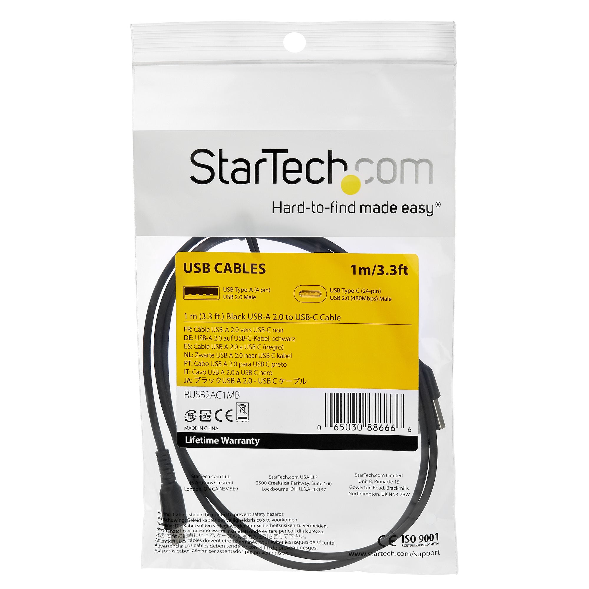 StarTech.com StarTech.com Câble de Charge Rapide USB-C de 1m, Robuste, Charge et Synchronisation, 60W (3A) PD, USB 2.0, Gaine TPE Noire et Fibre d'Aramide - Cordon de Charge USB C