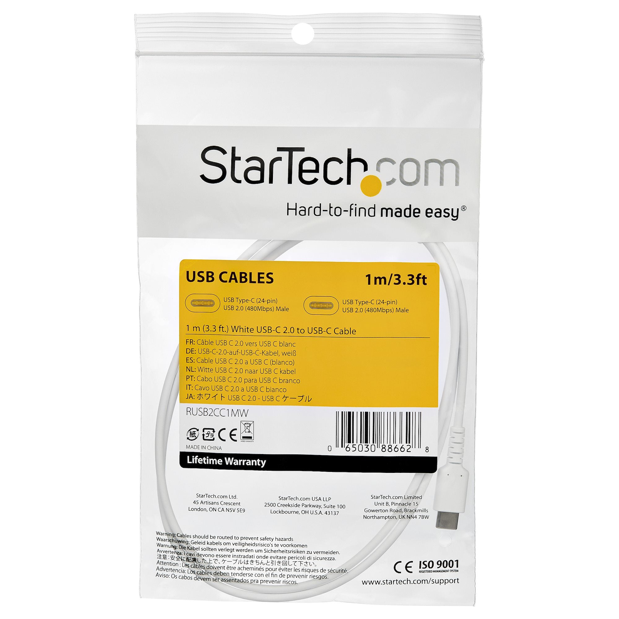 StarTech.com StarTech.com Câble de Charge Rapide USB-C de 1m, Robuste, Charge et Synchronisation, 60W (3A) PD, USB 2.0, Gaine TPE Blanche et Fibre d'Aramide - Cordon de Charge USB C