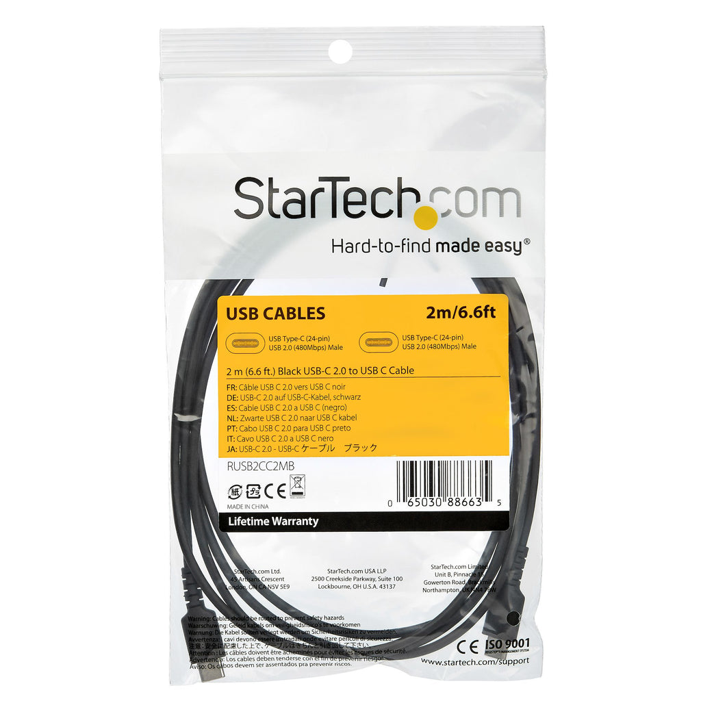 StarTech.com StarTech.com Câble de Charge Rapide USB-C de 2m, Robuste, Charge et Synchronisation, 60W (3A) PD, USB 2.0, Gaine TPE Noire et Fibre d'Aramide - Cordon de Charge USB C