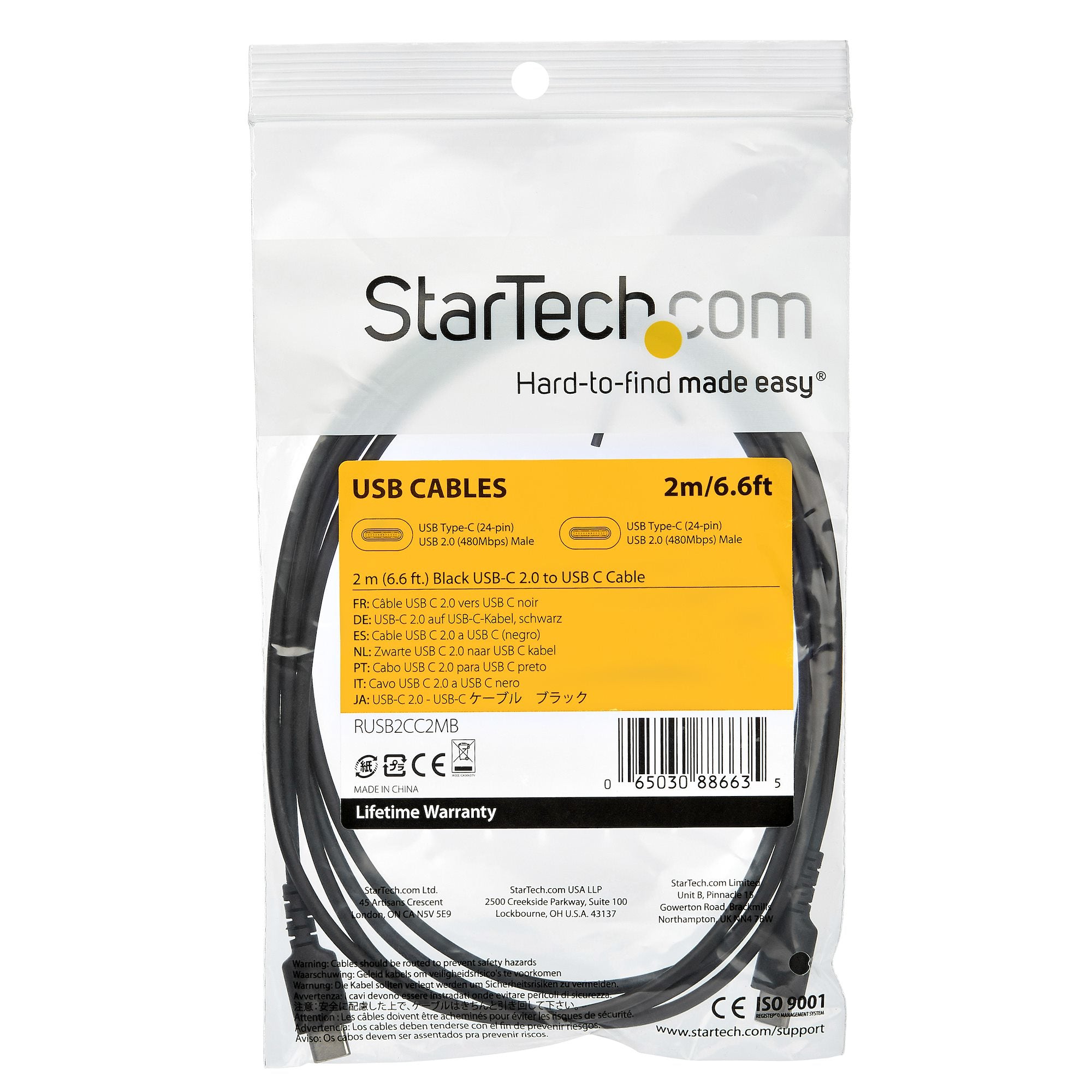 StarTech.com StarTech.com Câble de Charge Rapide USB-C de 2m, Robuste, Charge et Synchronisation, 60W (3A) PD, USB 2.0, Gaine TPE Noire et Fibre d'Aramide - Cordon de Charge USB C