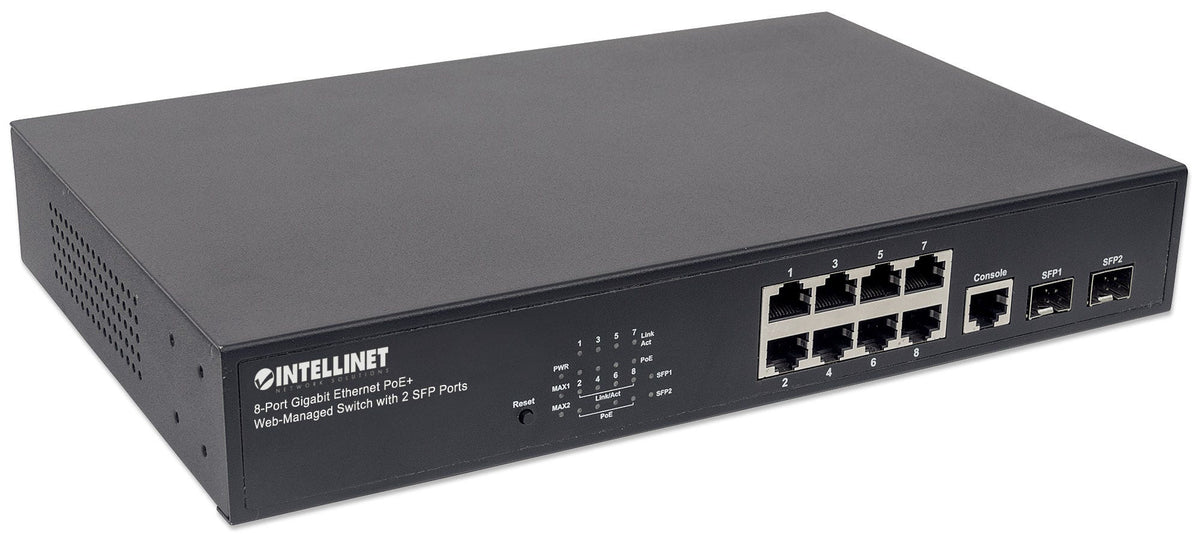 Intellinet Commutateur Gigabit Ethernet PoE+ Administrable 8 Ports, 2 Ports SFP, Budget 140W, Rack 19"