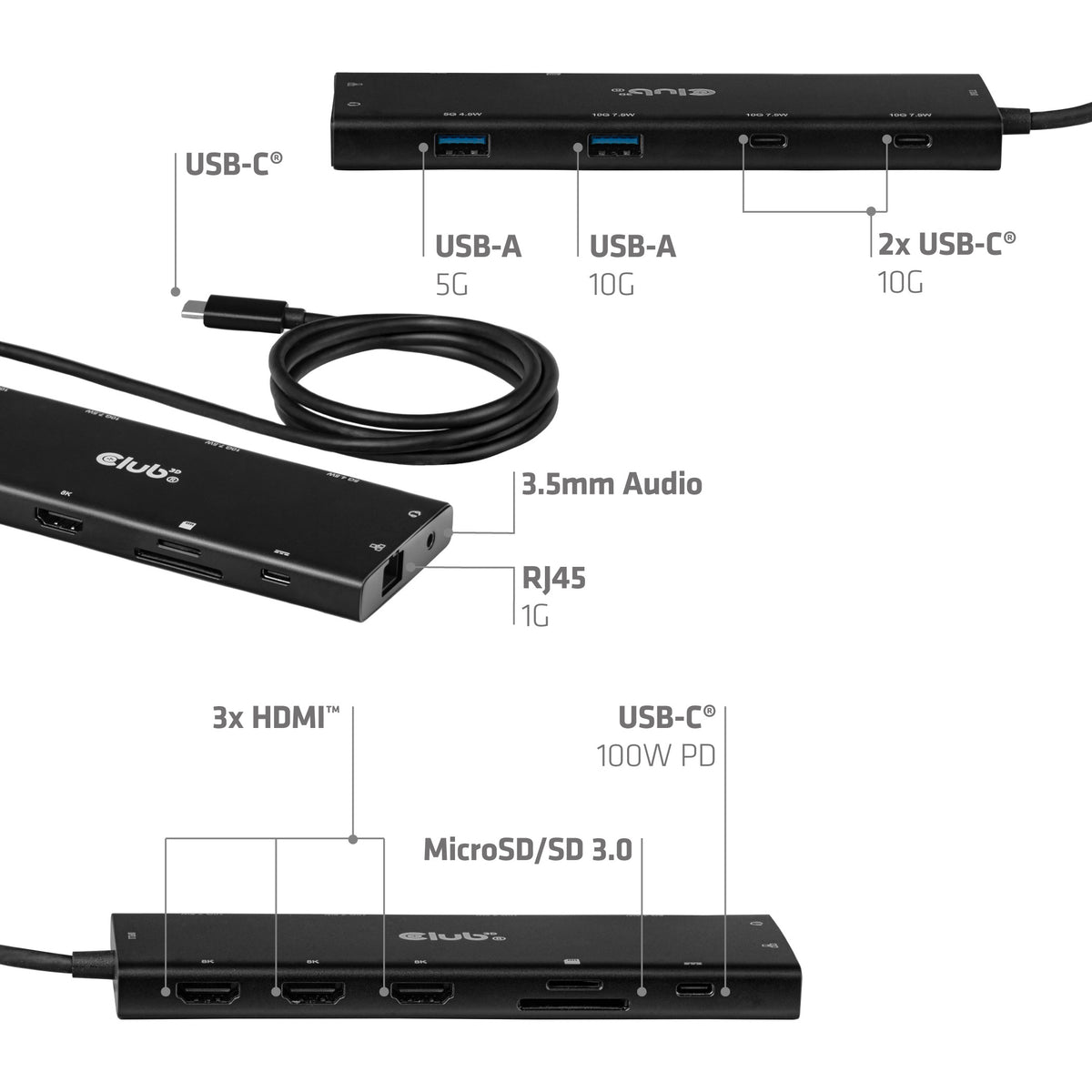 CLUB3D Hub USB-C® 12-en-1 vers triple HDMI™, DP 2.1, PD 3.0, 100 W, 1 m