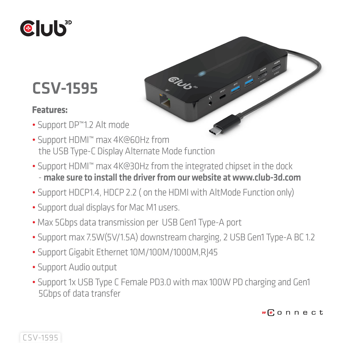 CLUB3D CSV-1595 Station d'accueil USB 3.2 Gen 1 Type-C, 4K UHD 60Hz, Noir